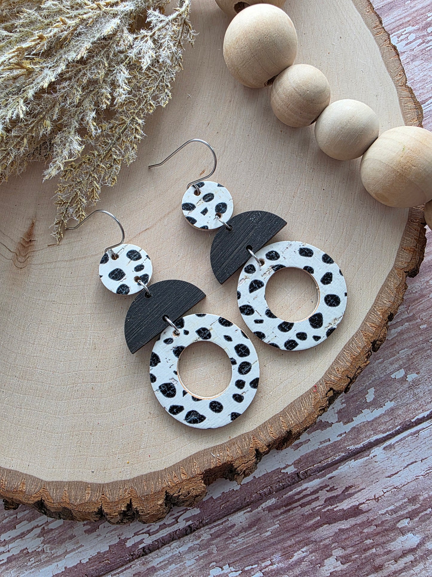 Black & White Spotted Geometric Circle Stacked Earrings