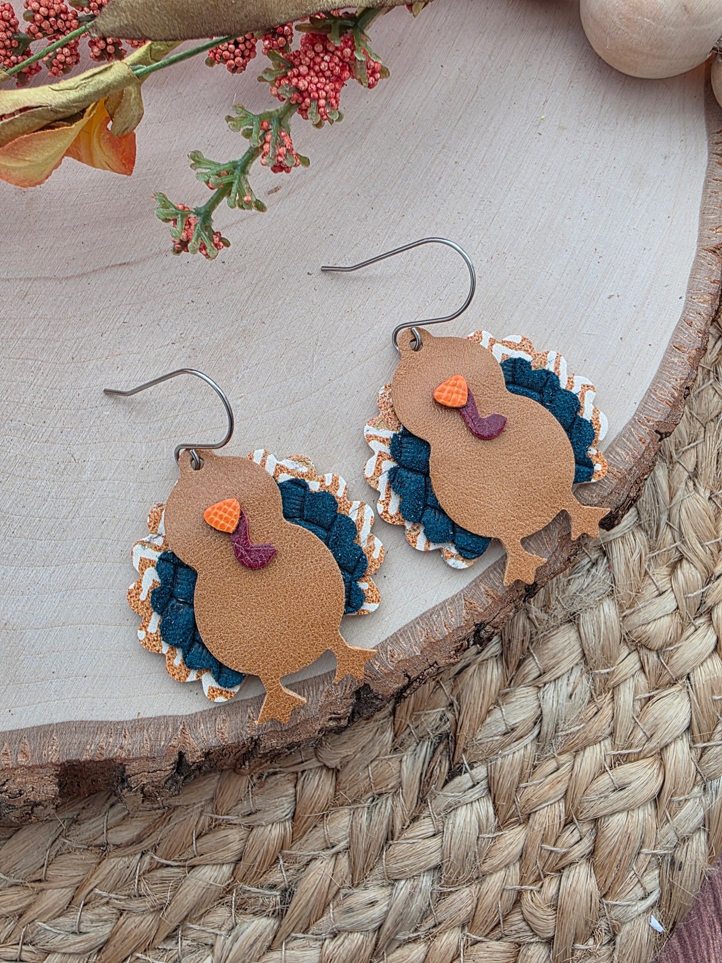 Mustard Chevron & Teal Turkey Earrings