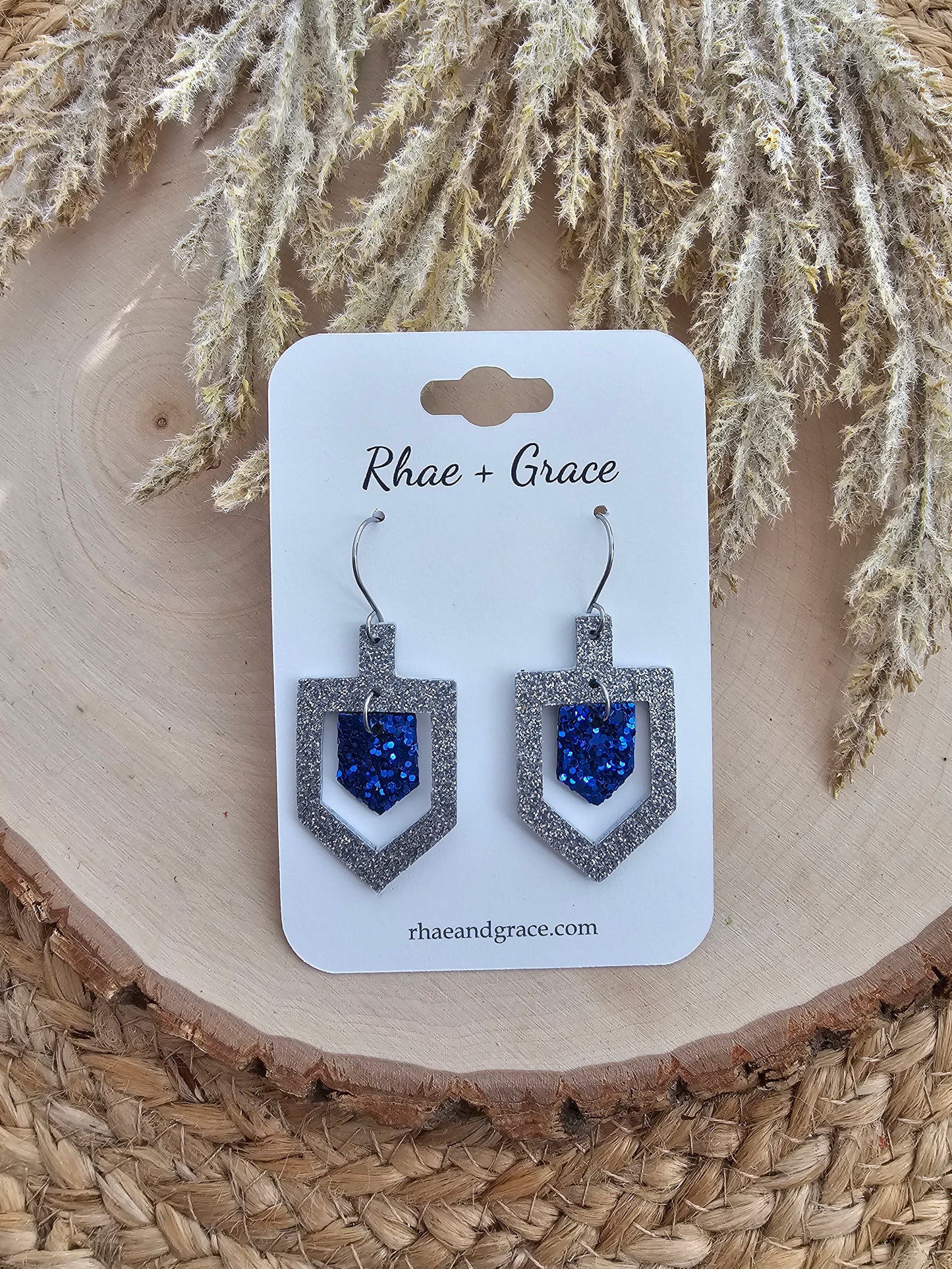 Blue & Silver Glitter Hanukkah Dreidel Earrings