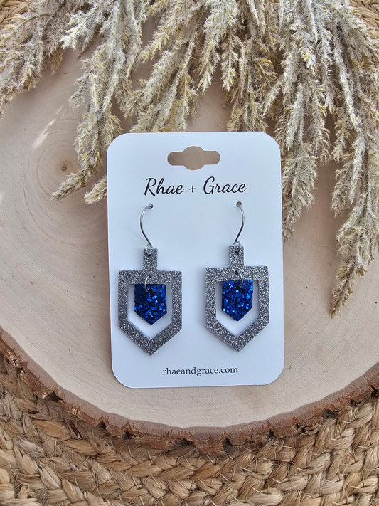 Blue & Silver Glitter Hanukkah Dreidel Earrings