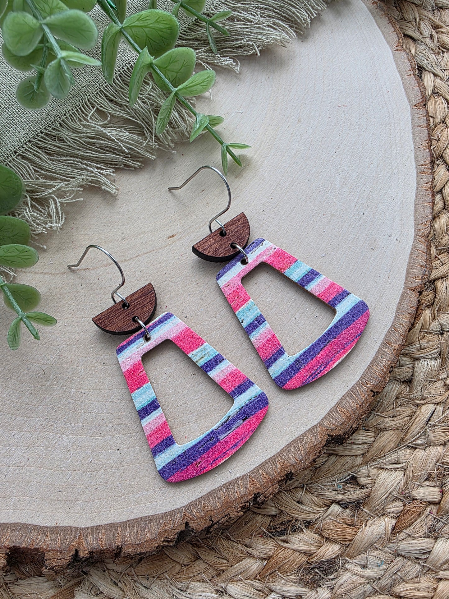 Pink & Purple Striped Open Trapezoid Earrings