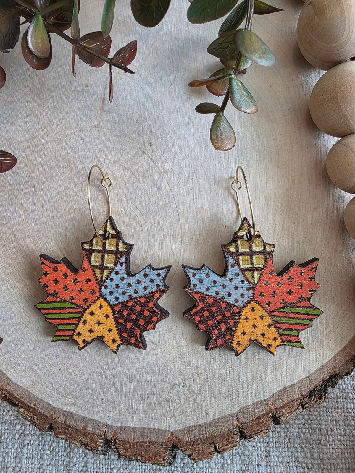 Patchwork Maple Leaf Wood Earrings - Orange