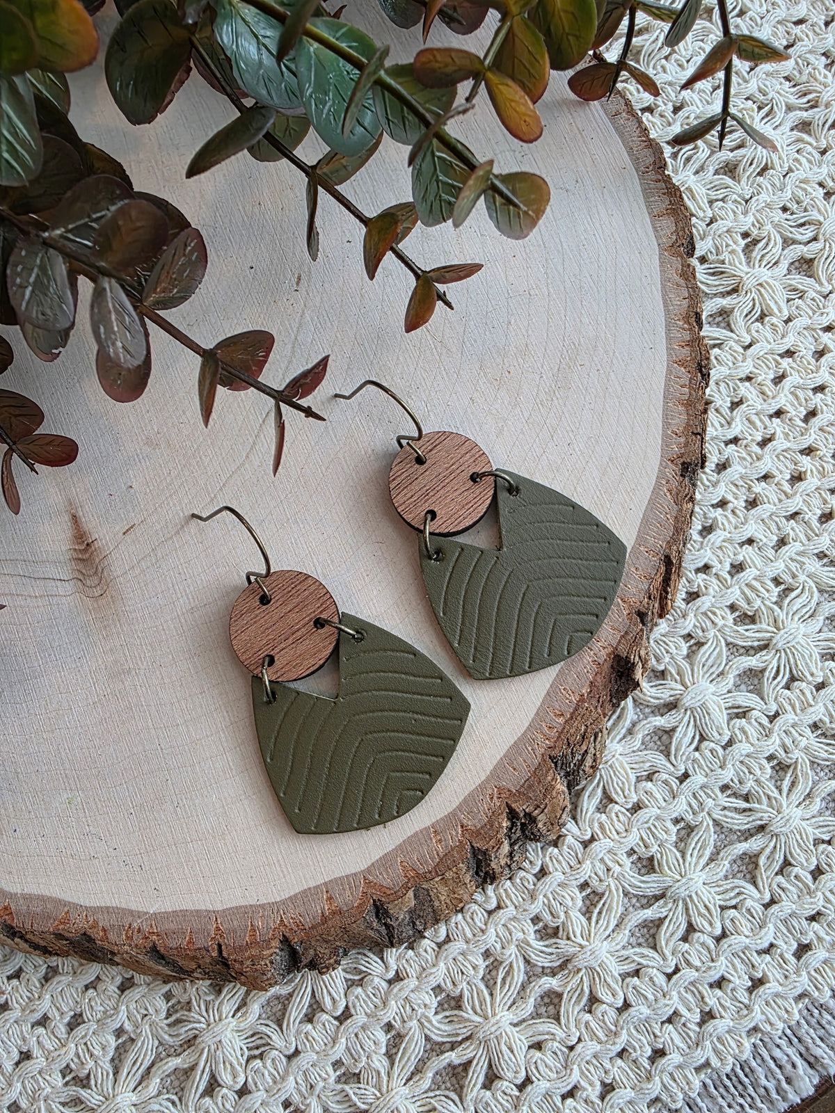 Geometric Boho Embossed Chevron Earrings - Olive Green