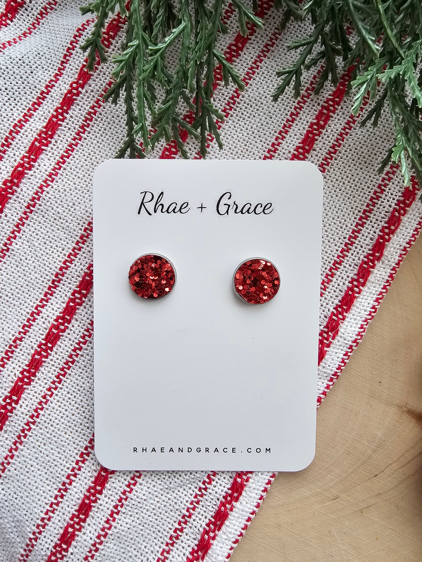 Red Glitter Stud Earrings - 12mm