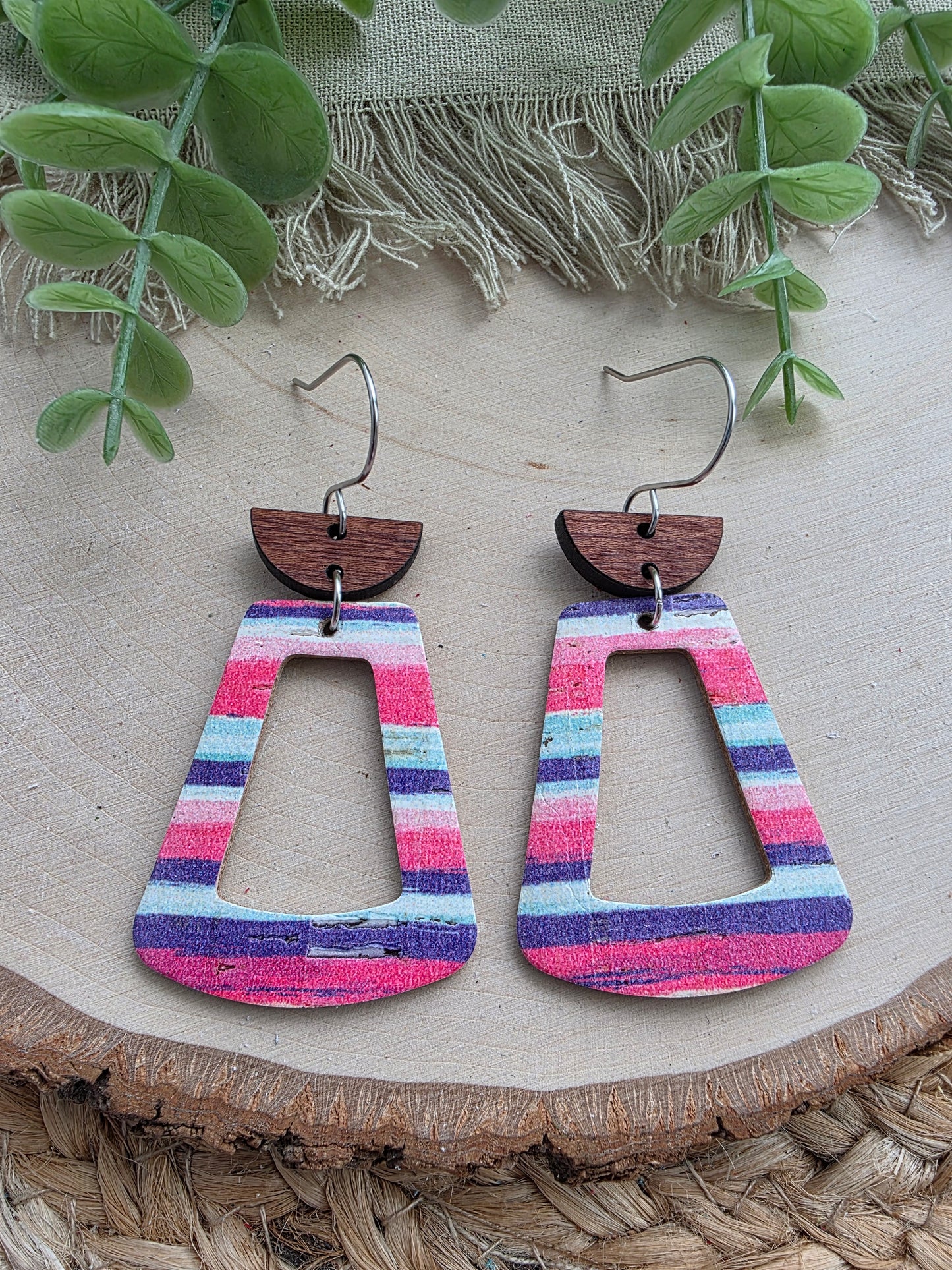 Pink & Purple Striped Open Trapezoid Earrings