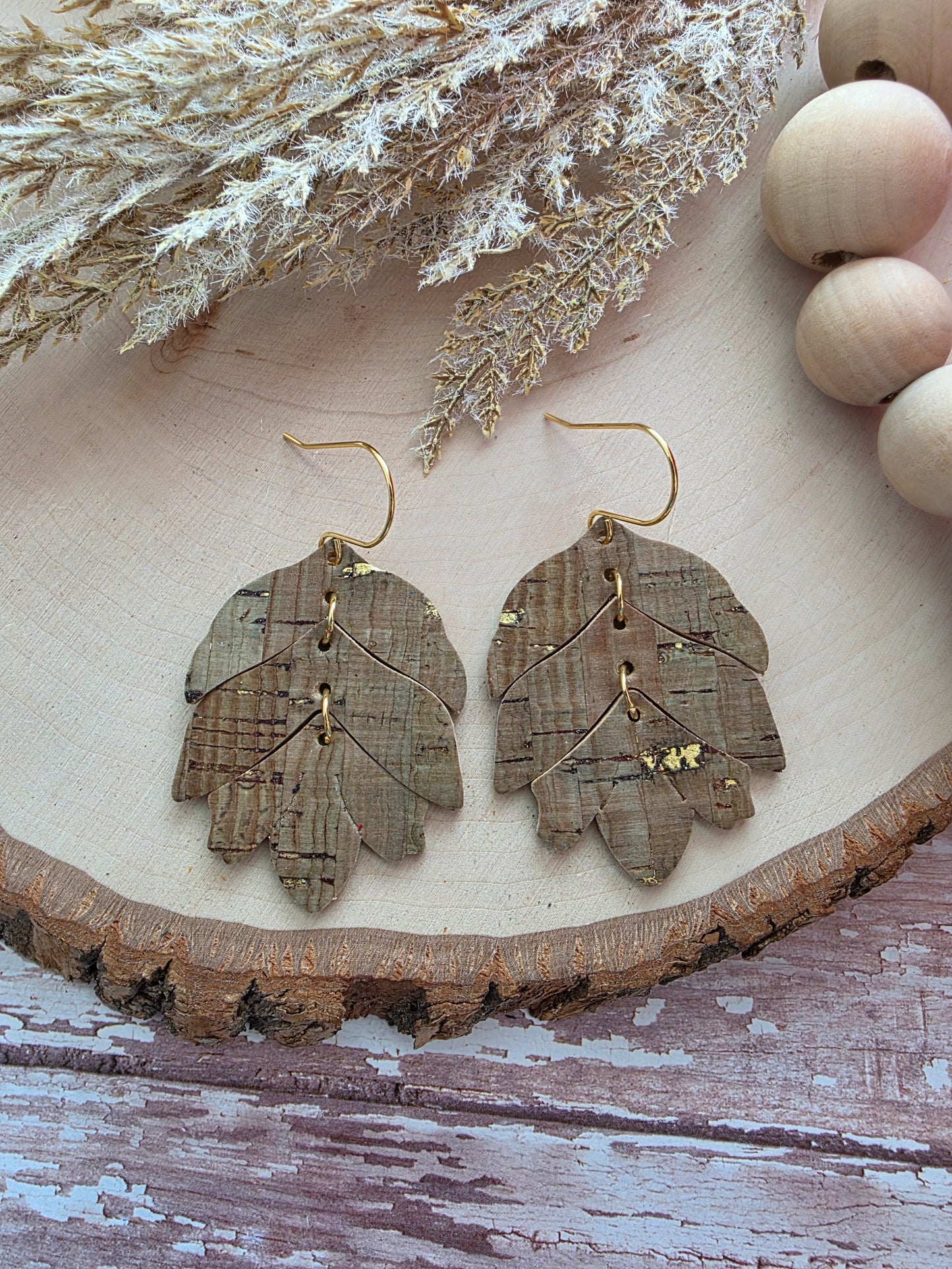 Olive Green & Gold Tiered Leaf Earrings