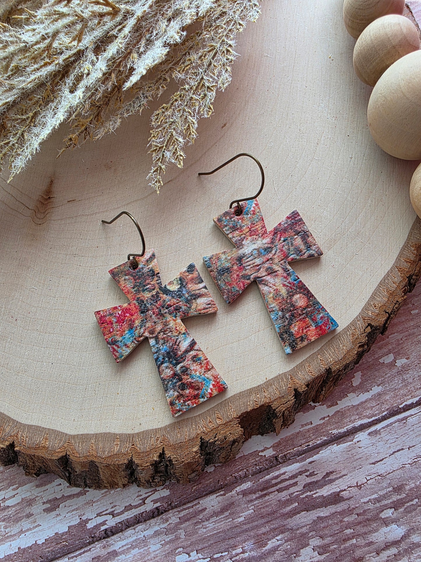 Rustic Autumn Dye Cross Earrings