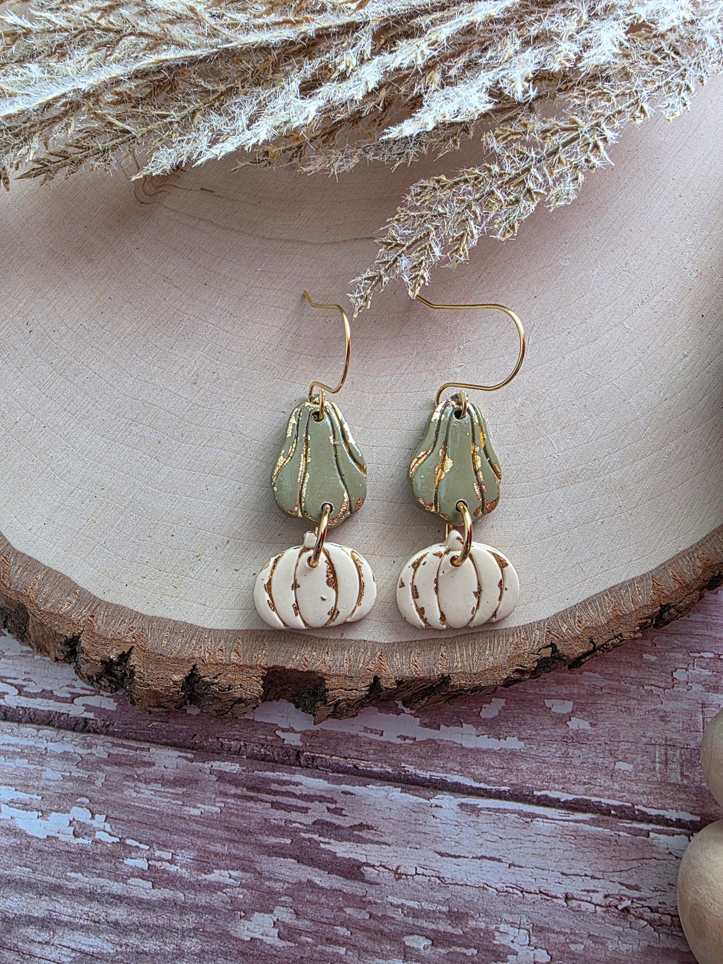 Green & Cream Stacked Goard Earrings - Polymer Clay