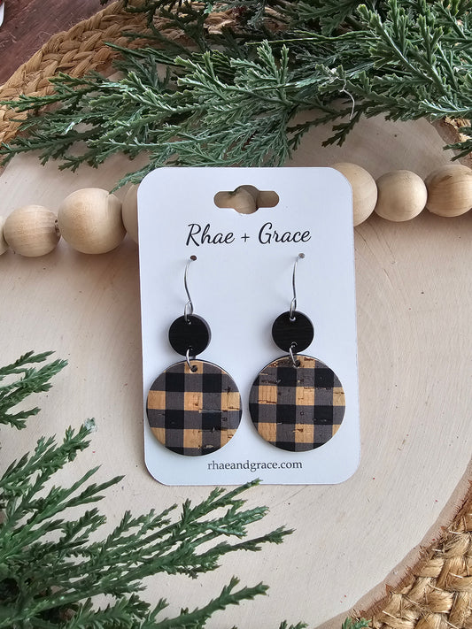 Black & Natural Cork Buffalo Plaid Circle Drop Earrings