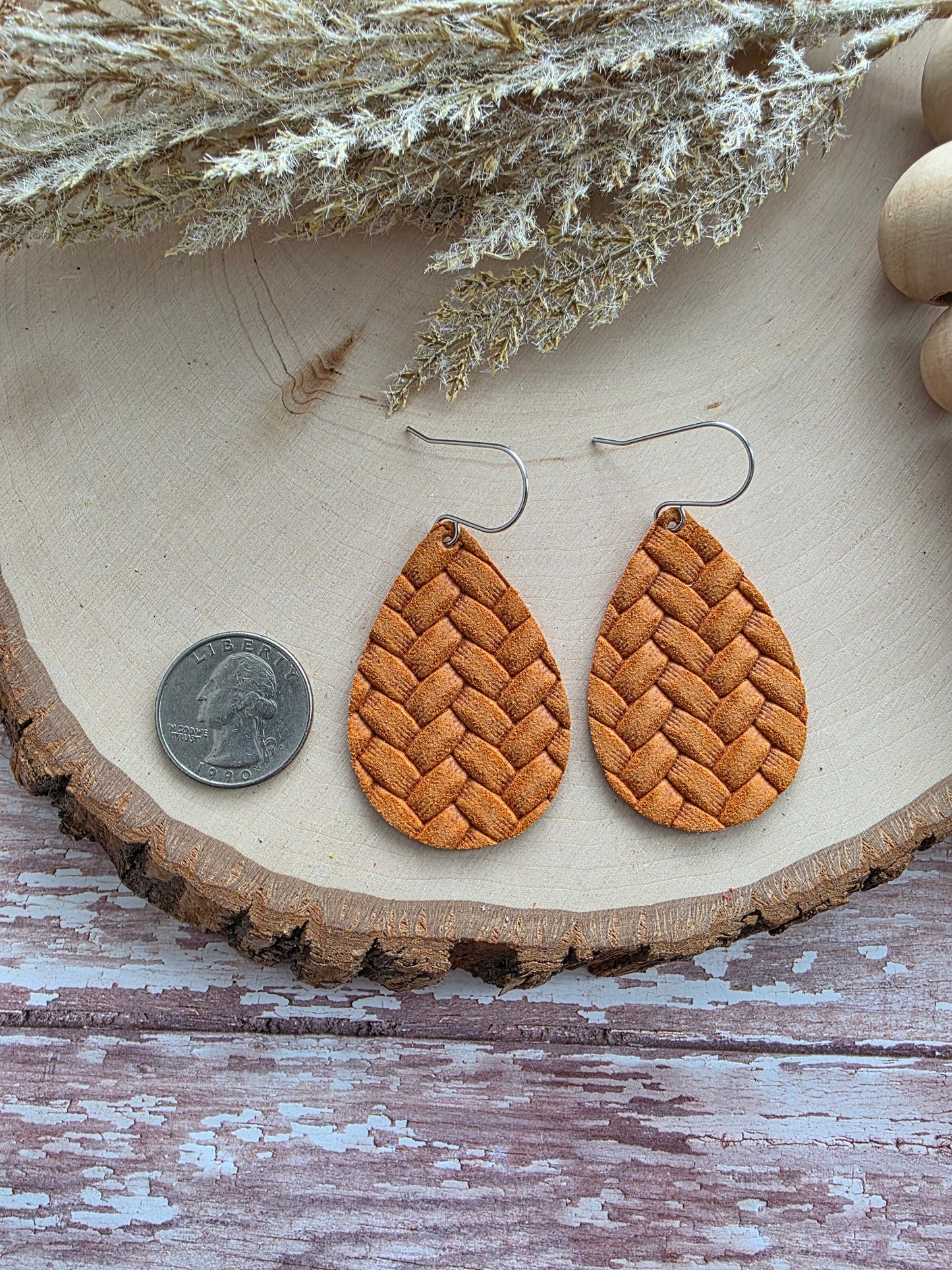 Ginger Orange Box Braid Teardrop Earrings - Medium