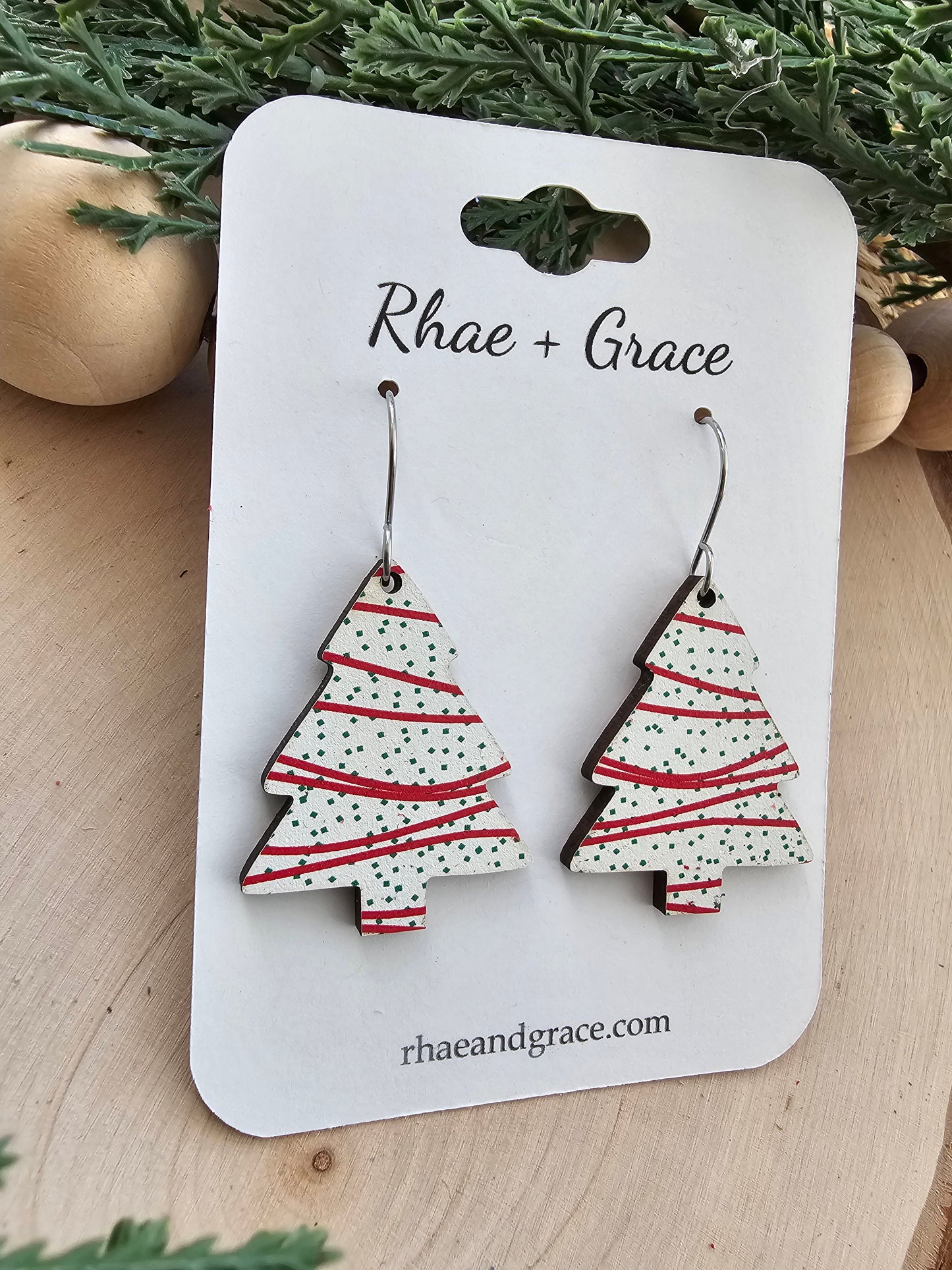 Christmas Tree Cake Wood Dangle Earrings