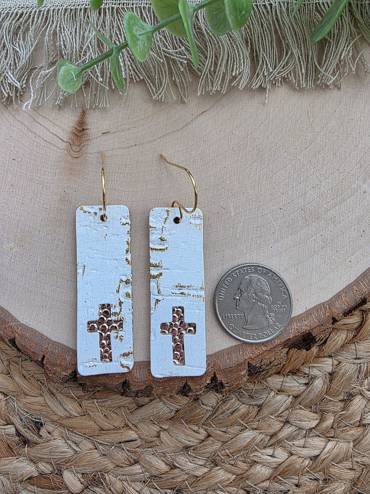 White & Gold Cross Bar Earrings