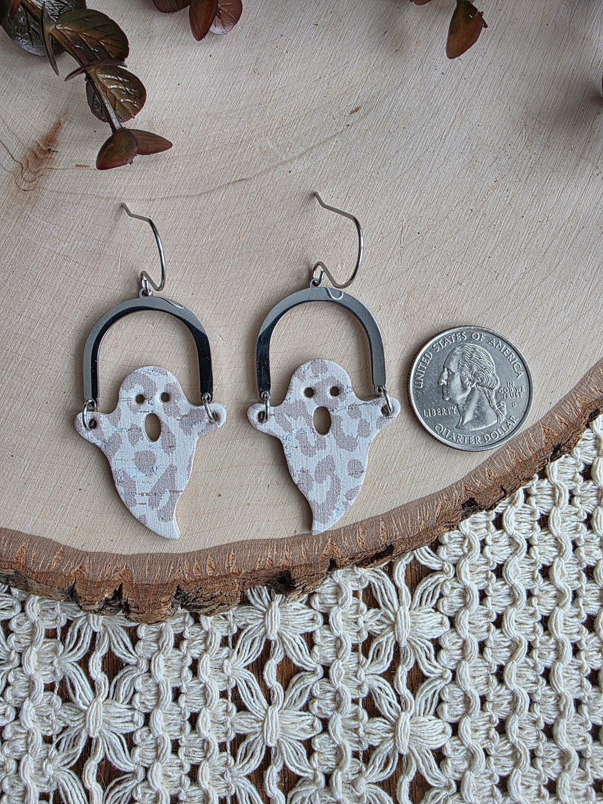 White & Grey Leopard Print Arched Ghost Earrings