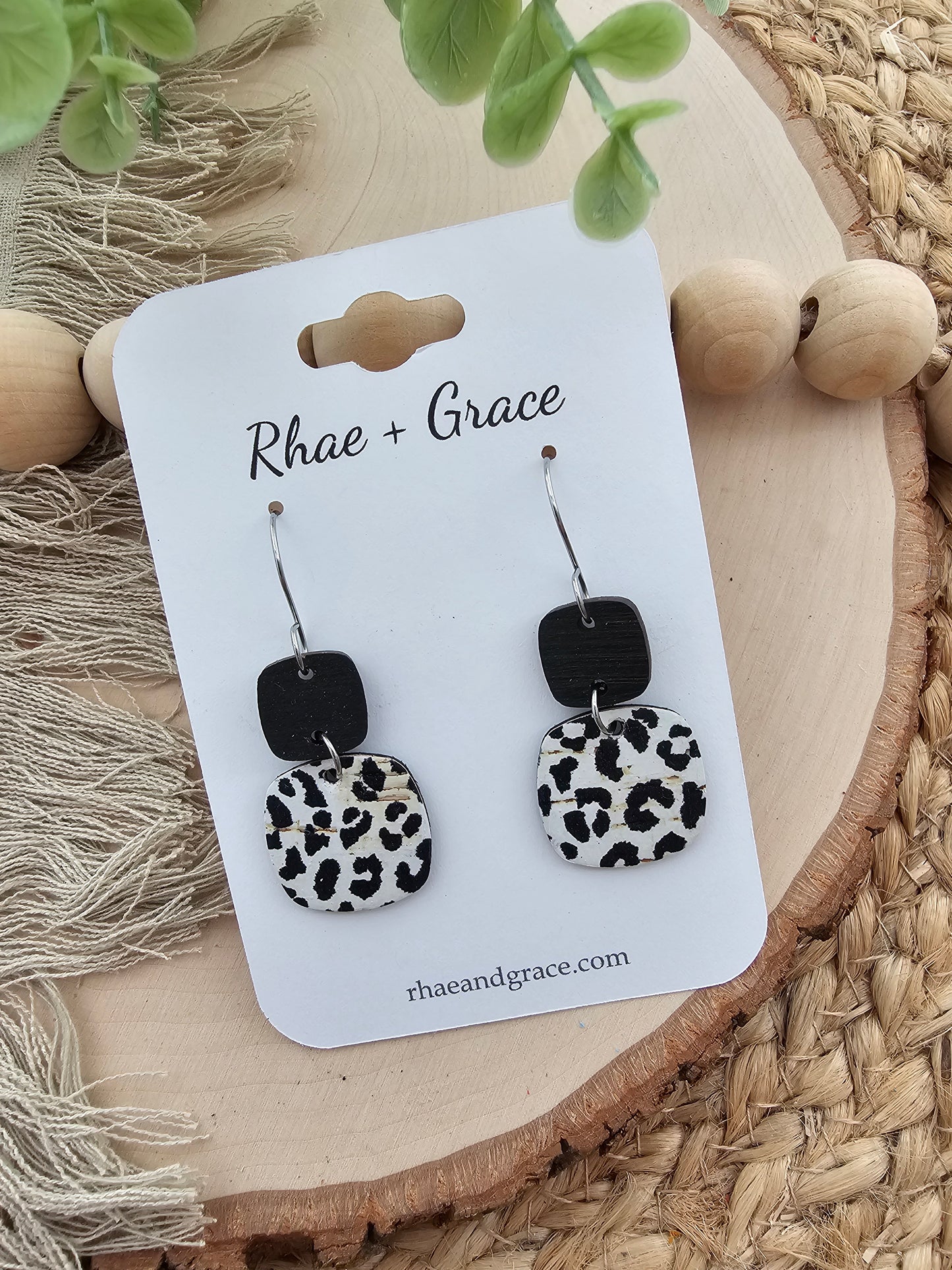 Black & White Snow Leopard Print Rounded Square Earrings