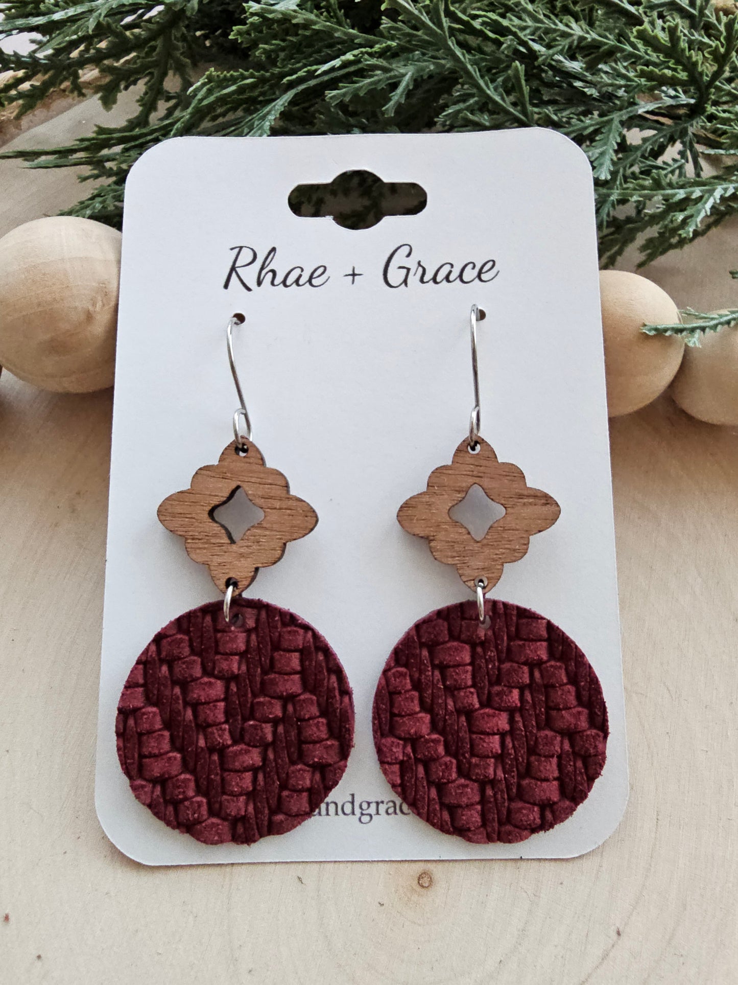 Wine Knit Circle Drop Earrings