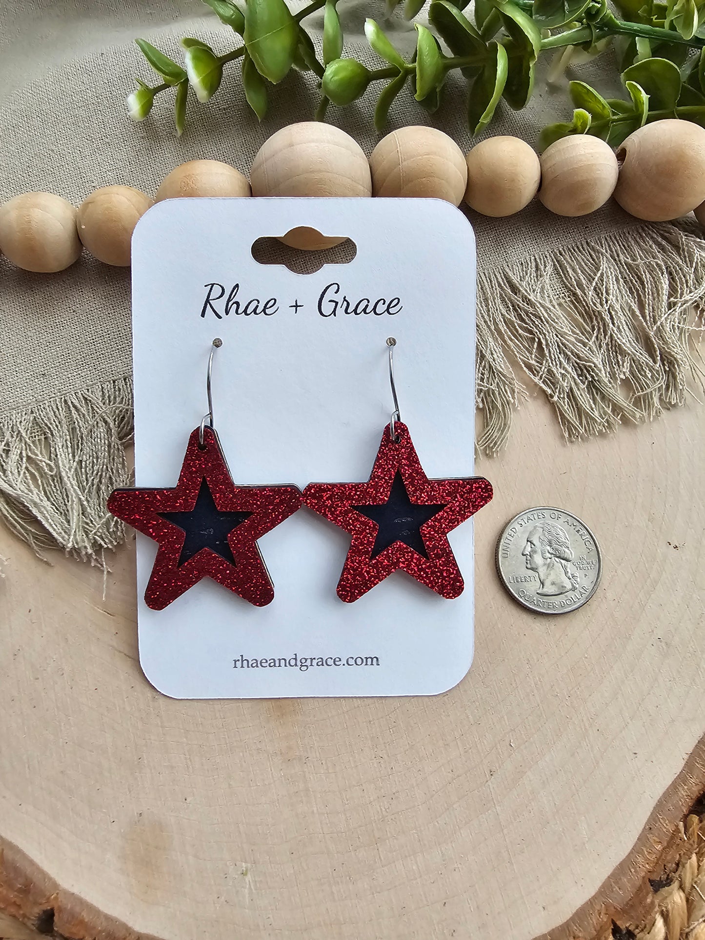 Red Glitter & Blue Layered Star Earrings