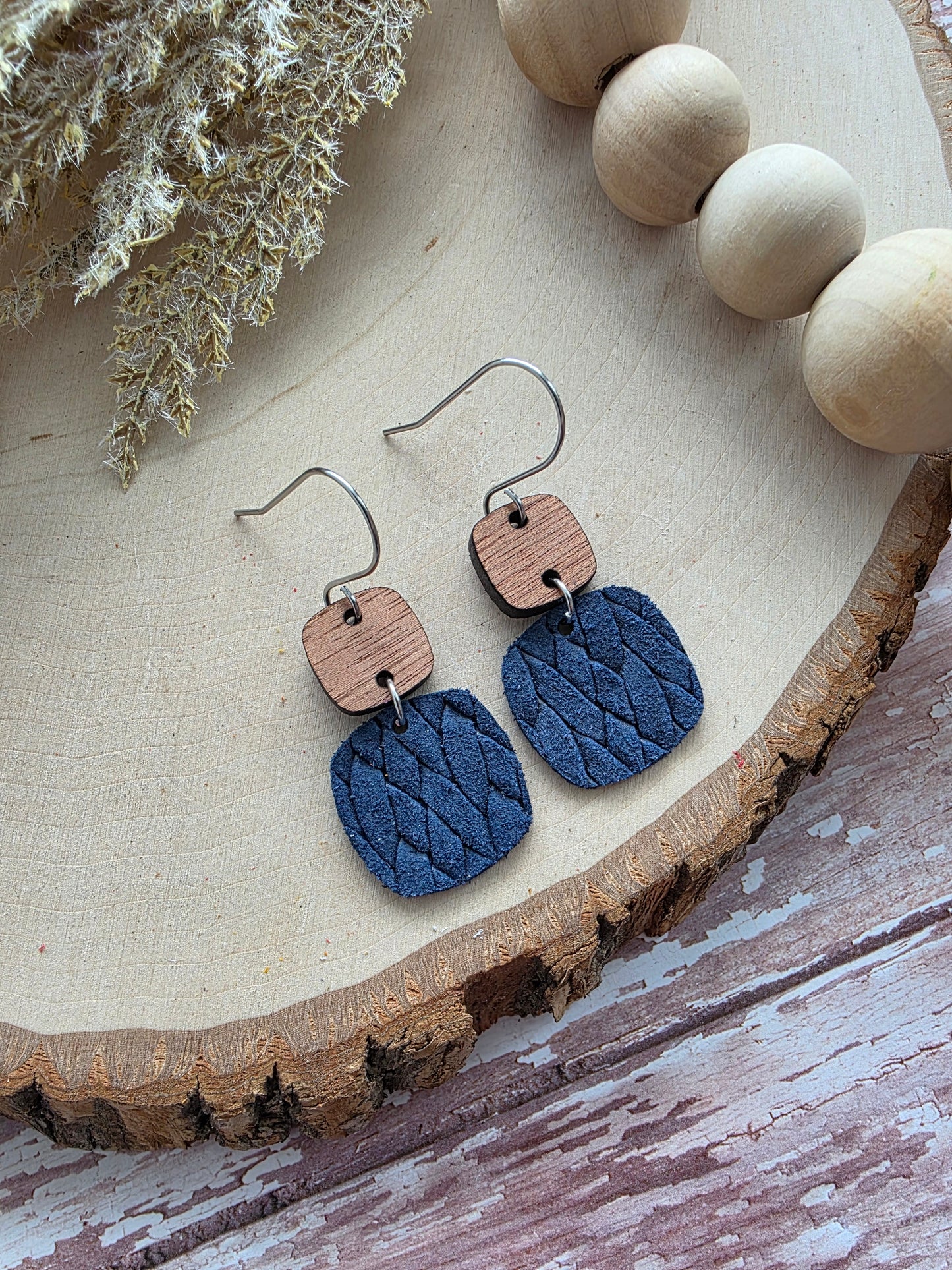 Navy Blue Braid Embossed Rounded Square Earrings