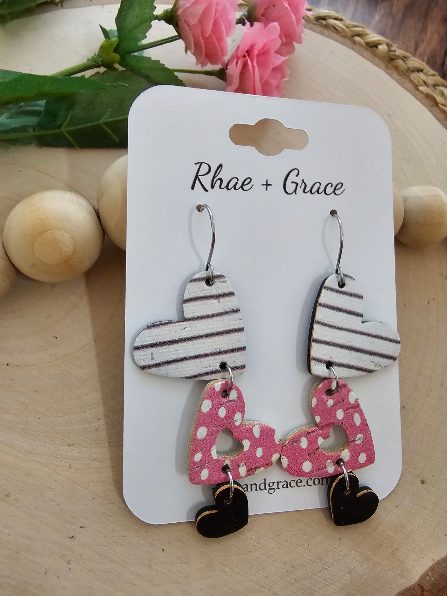 Pink Dot & Striped Cascading Heart Earrings