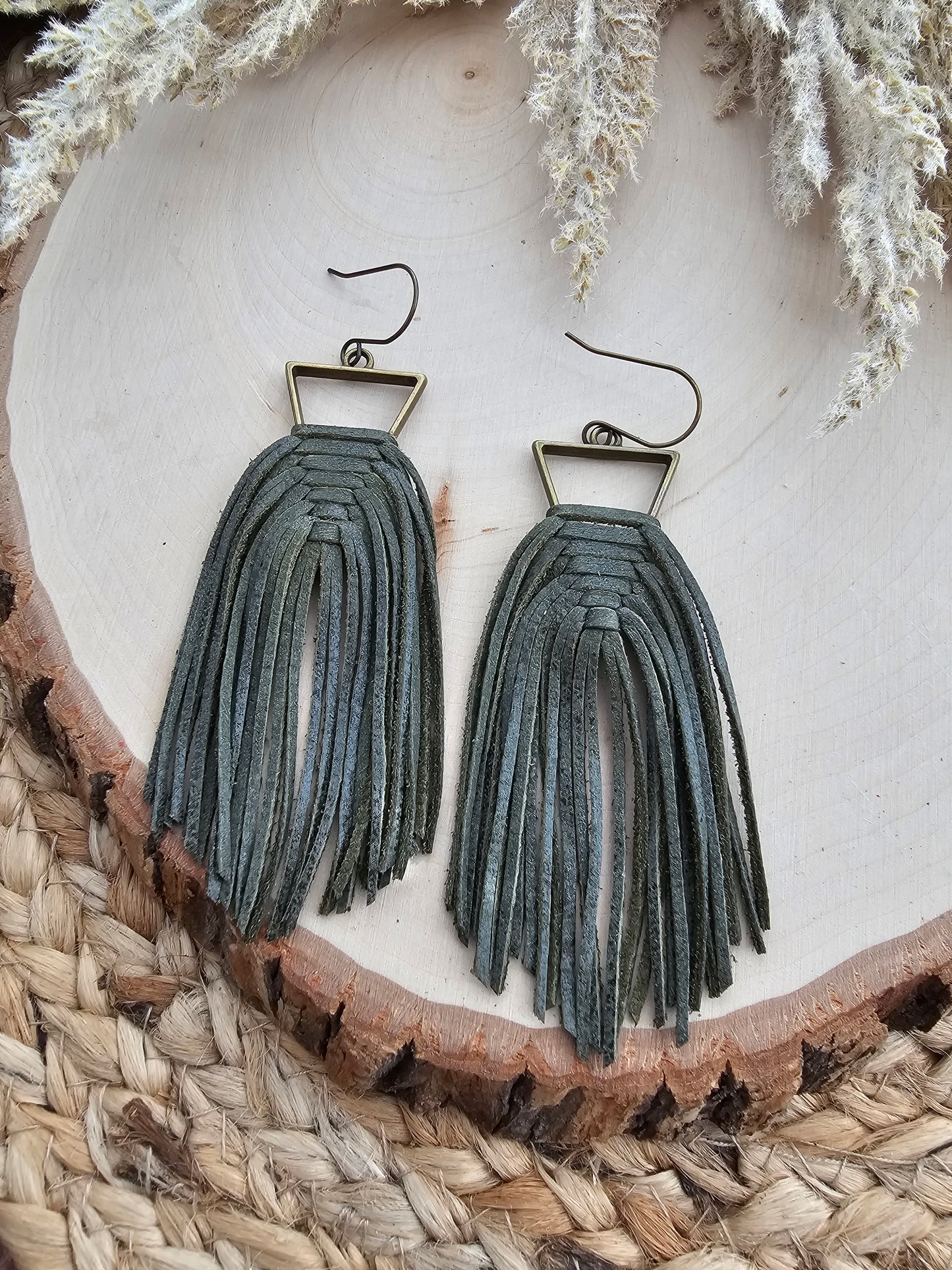 Olive Green Leather Woven Triangle Fringe Statement Earrings