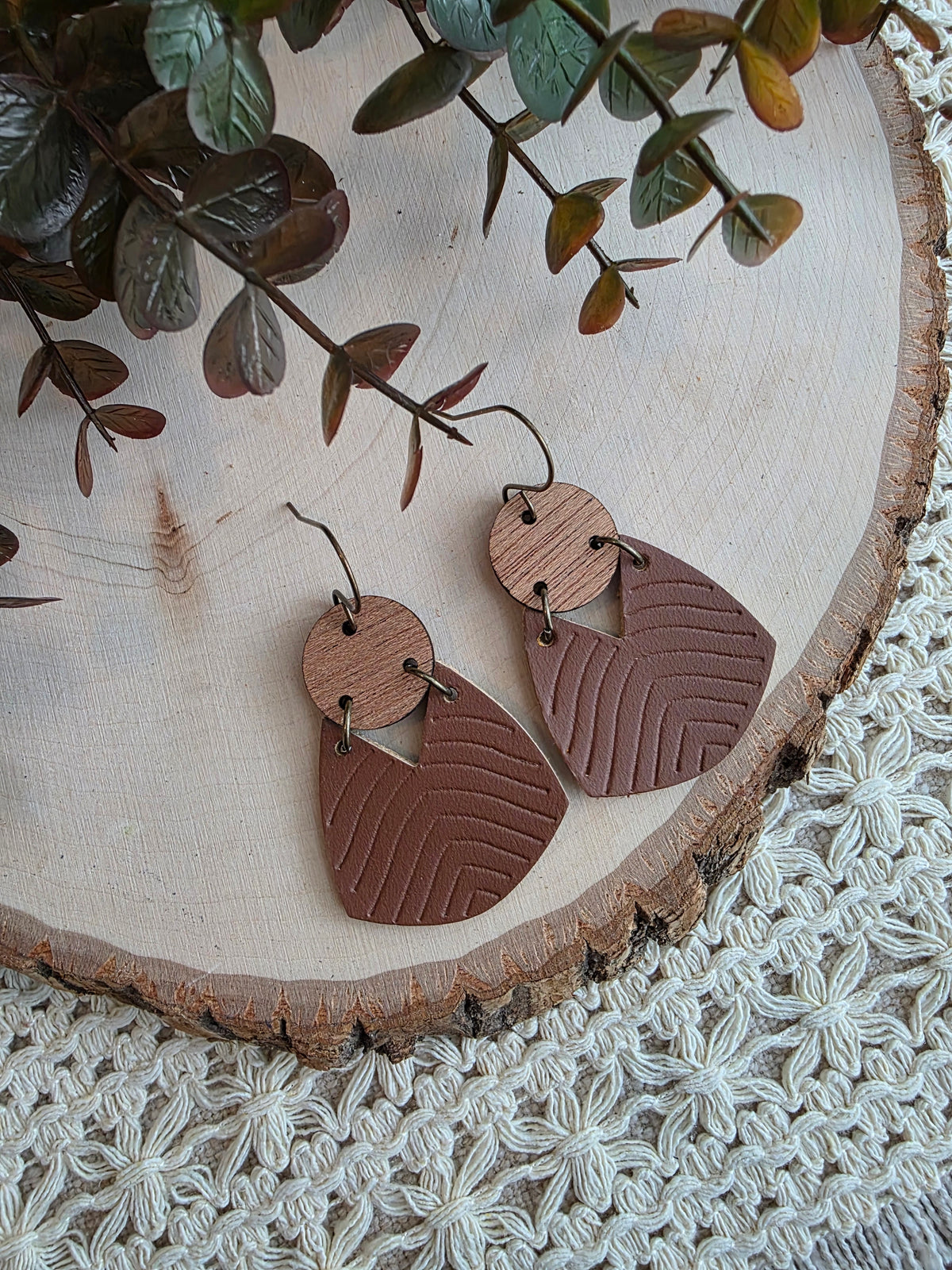 Geometric Boho Embossed Chevron Earrings - Dark Brown