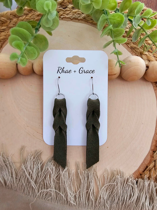 Khaki Green Suede Blood Knot Leather Earrings