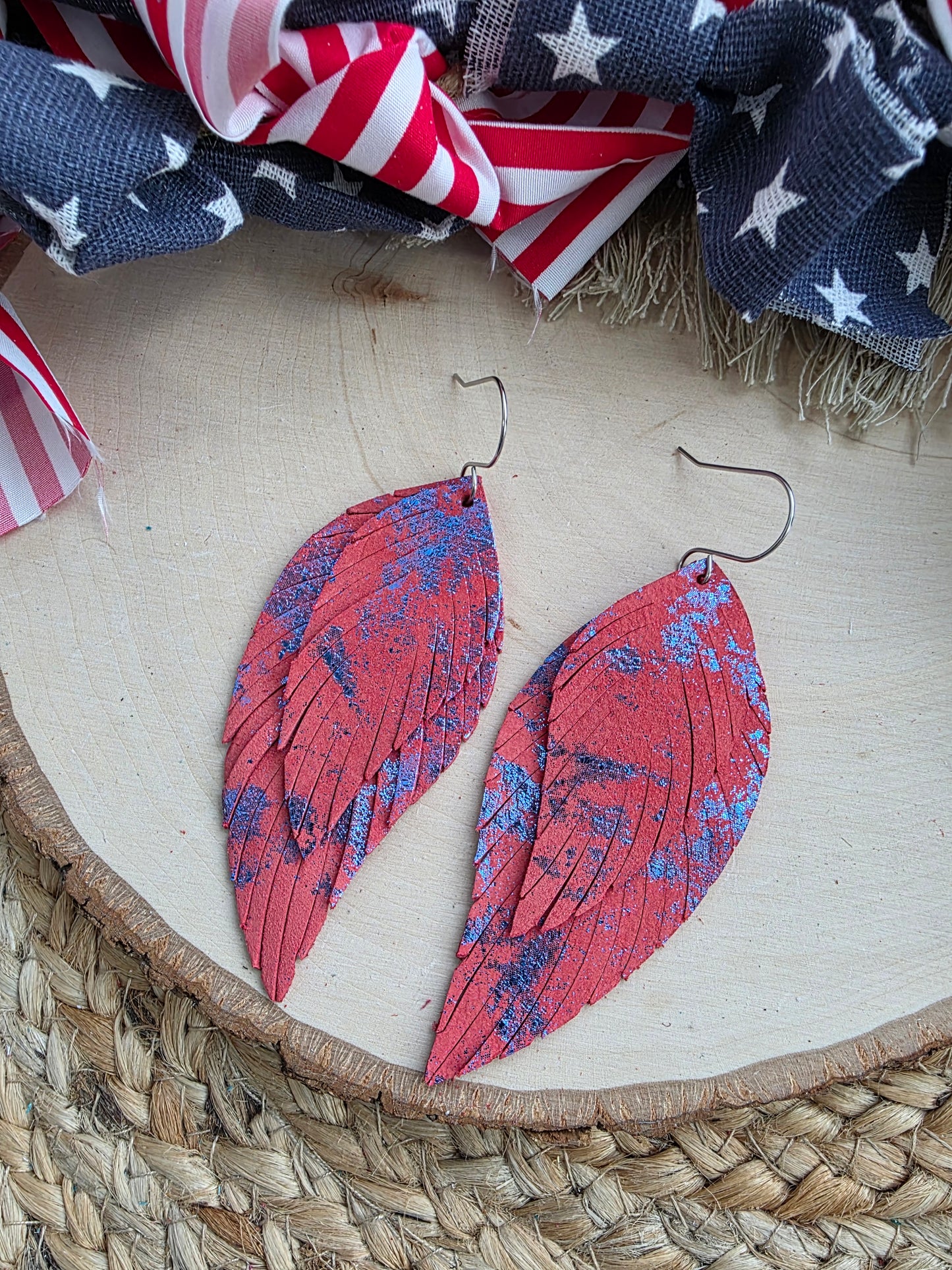 Red & Metallic Blue Fringe Feather Earrings