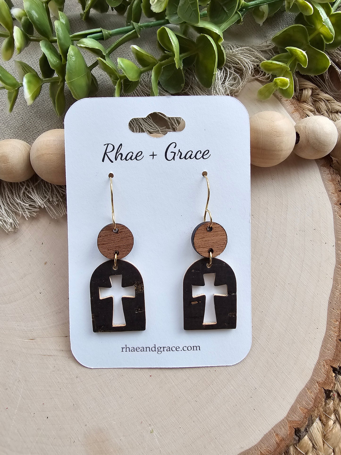 Brown & Gold Cross Cutout Arch Earrings