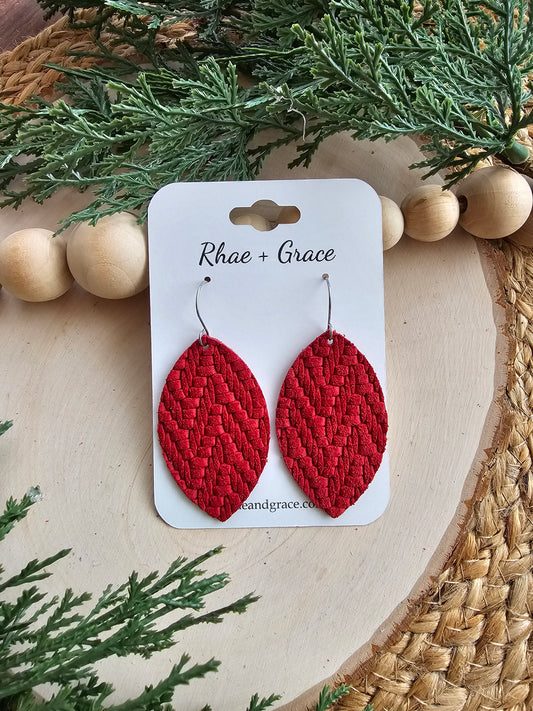 Red Knit Leaf Leather Earrings