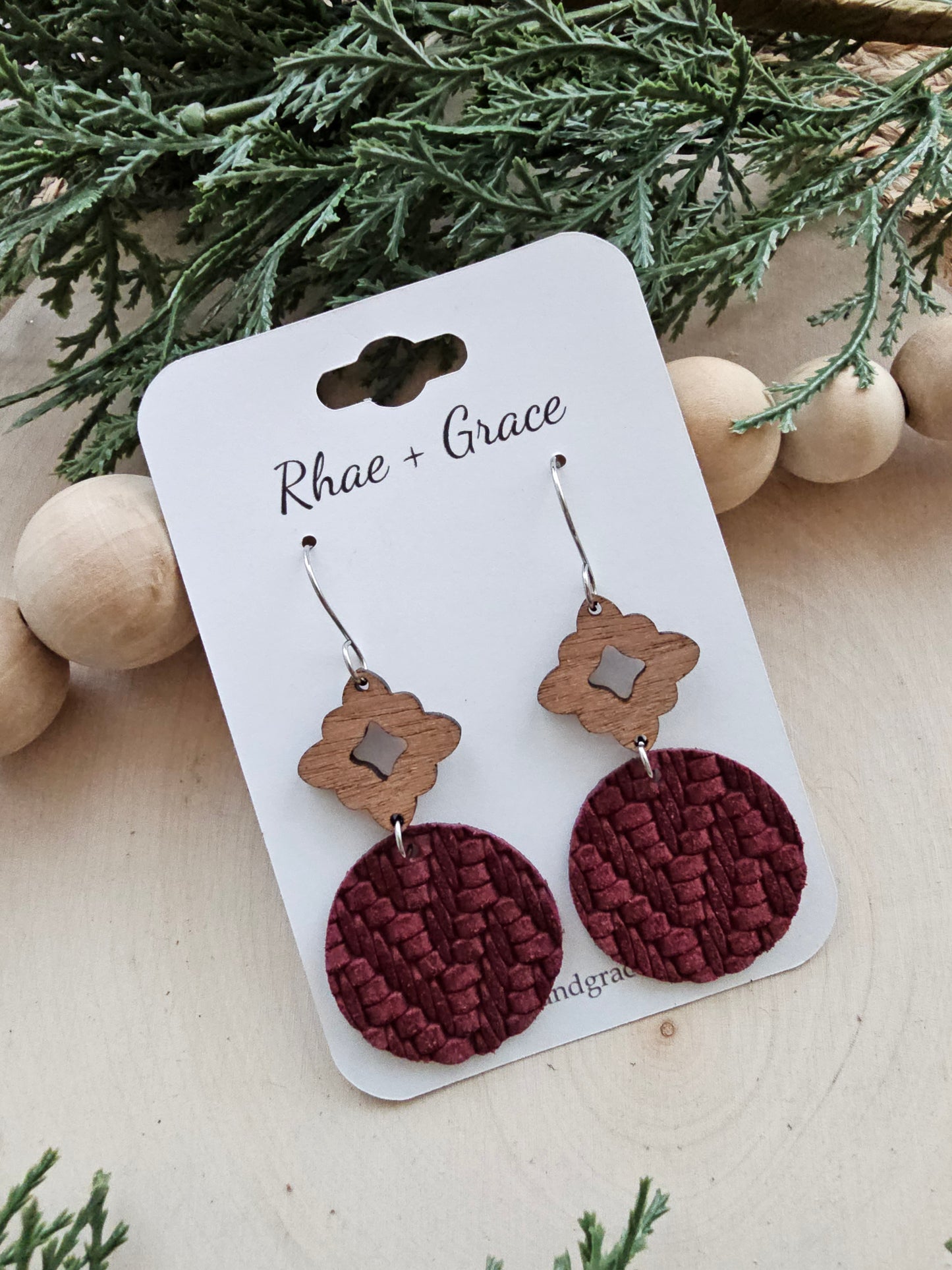 Wine Knit Circle Drop Earrings