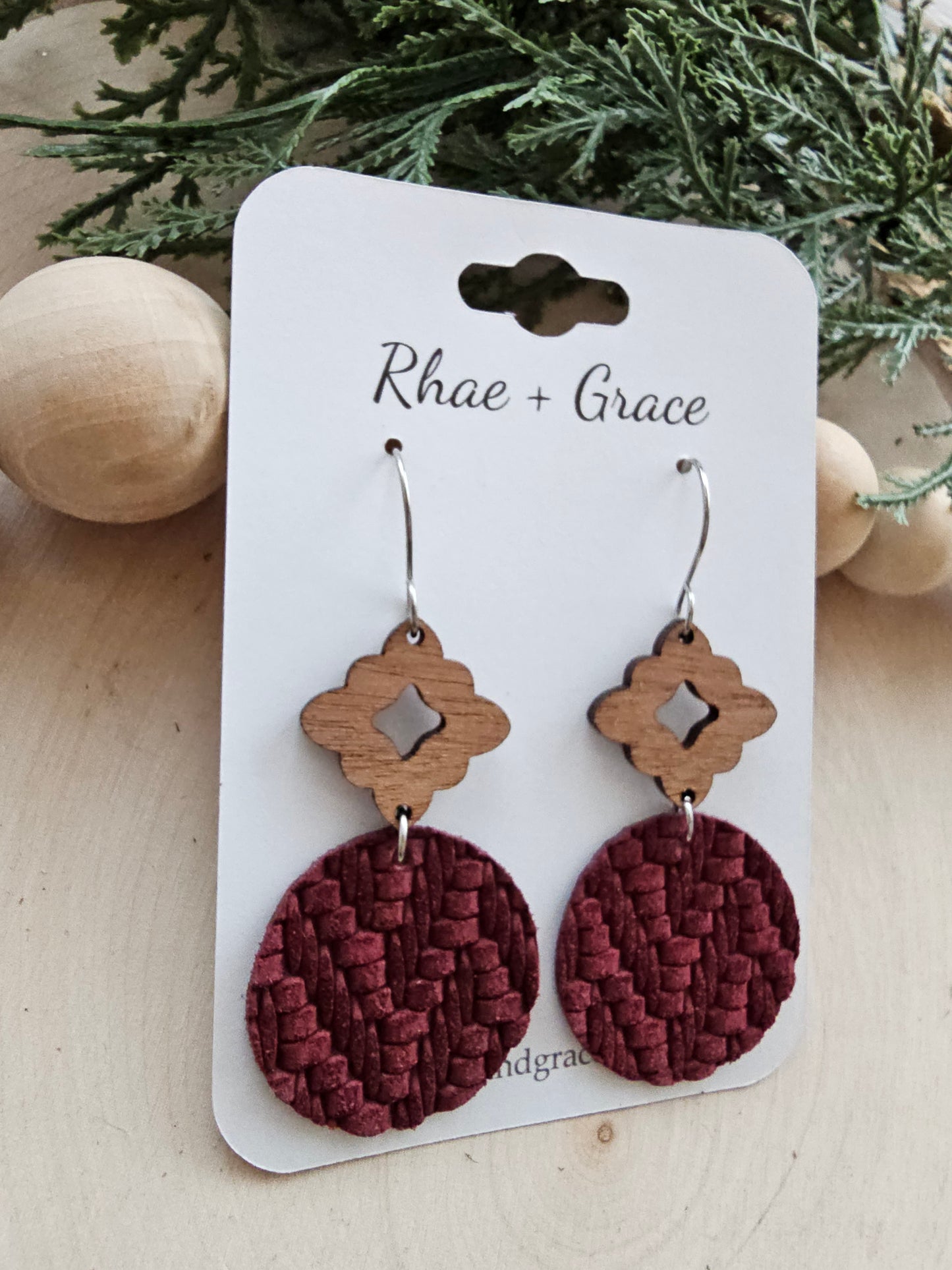 Wine Knit Circle Drop Earrings