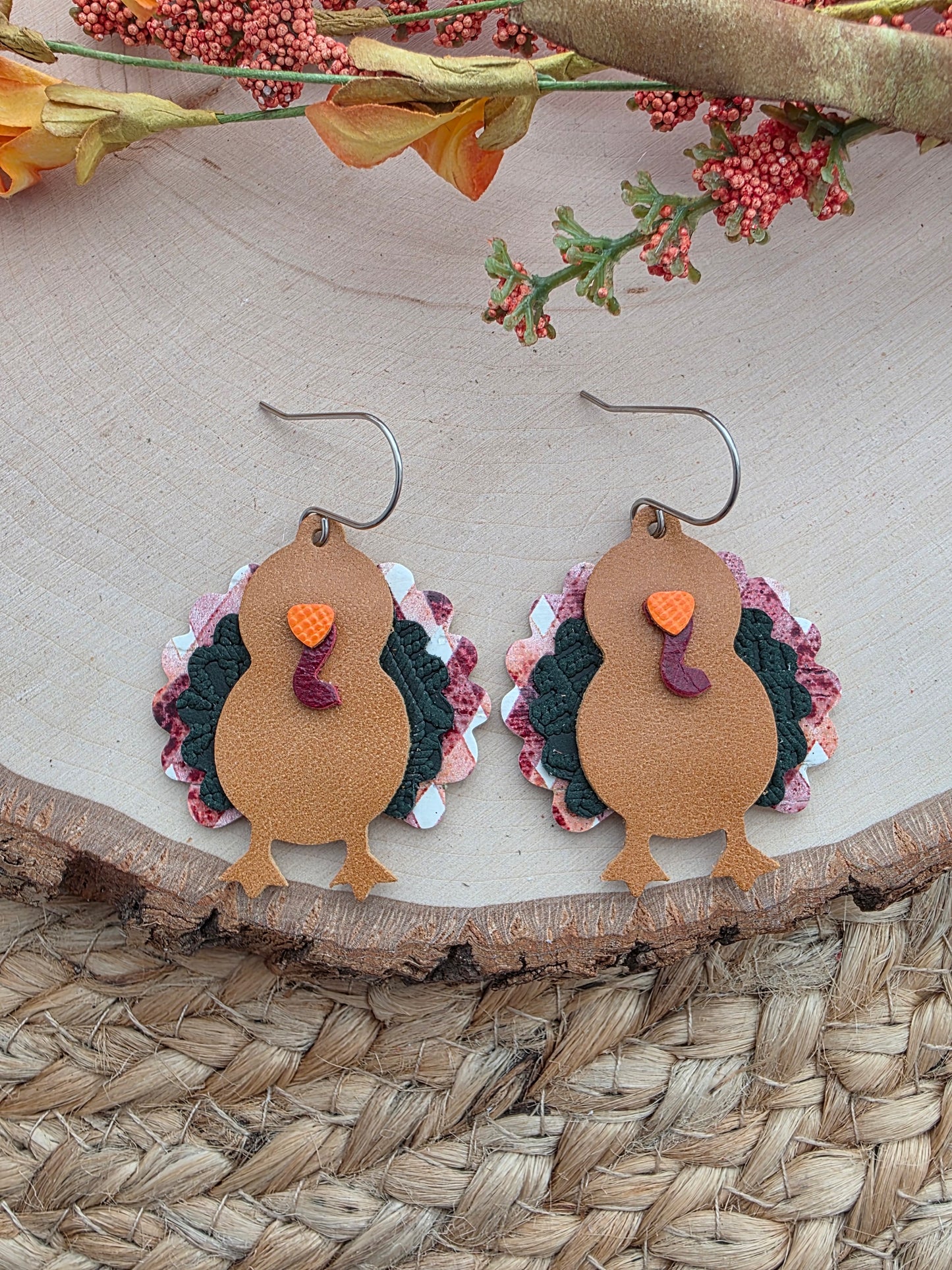 Burgundy Plaid & Green Turkey Earrings