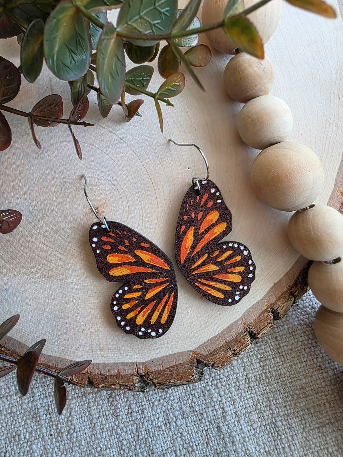 Monarch Butterfly Wing Wood Earrings