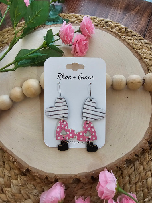 Pink Dot & Striped Cascading Heart Earrings