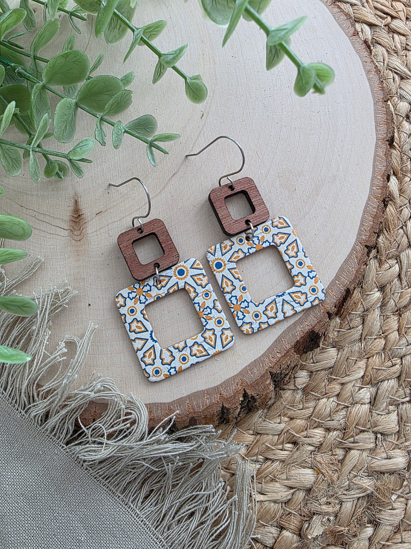 Blue & Yellow Moroccan Tile Rounded Square Cutout Earrings