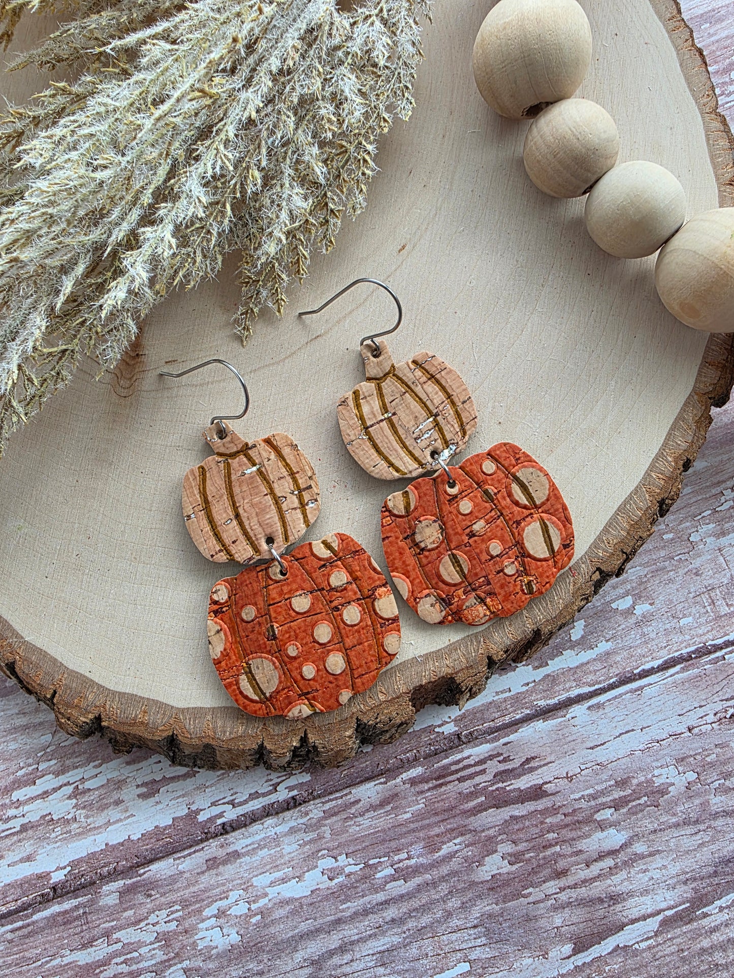 Orange & Cork Stacked Pumpkin Earrings
