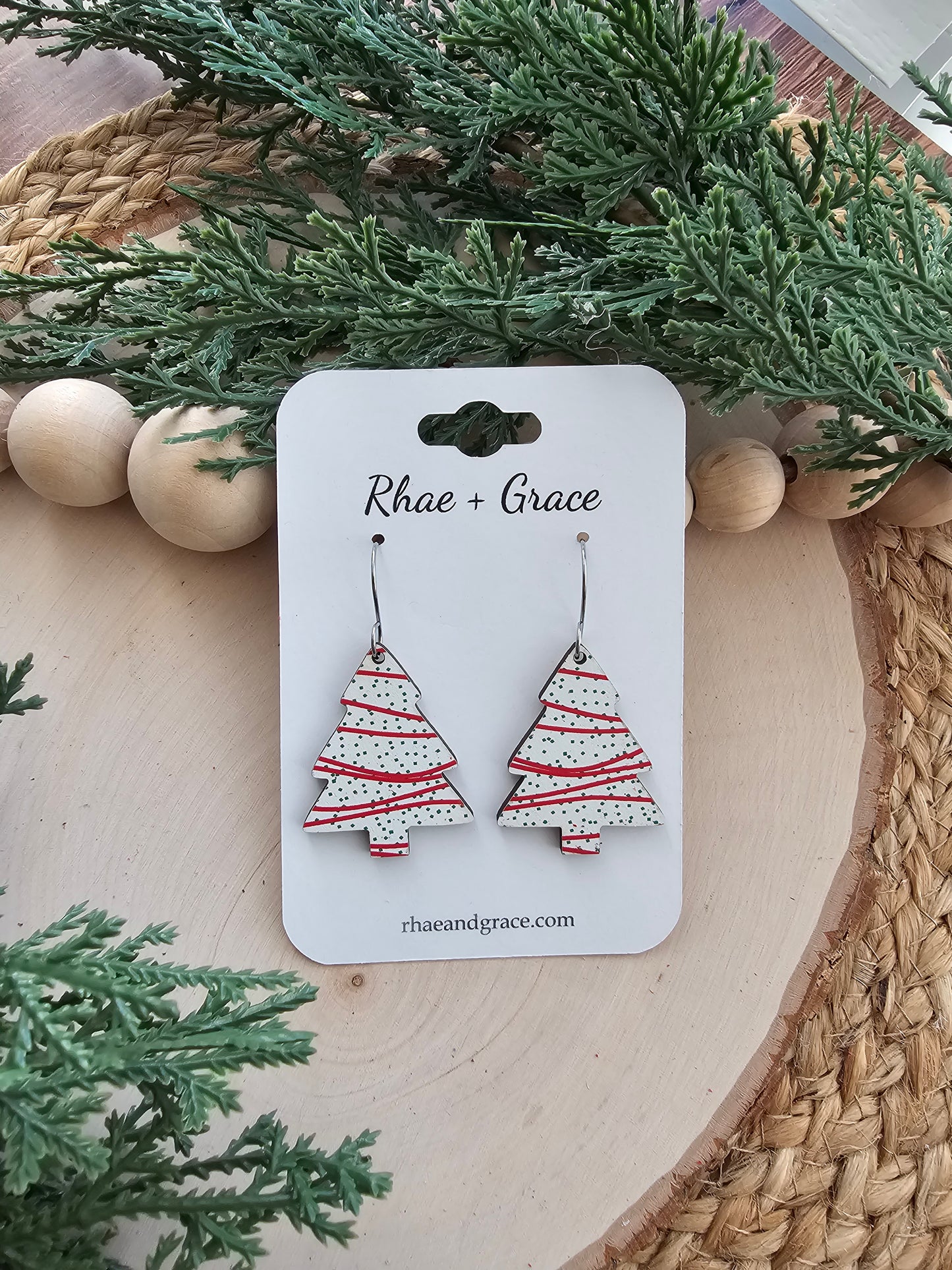 Christmas Tree Cake Wood Dangle Earrings