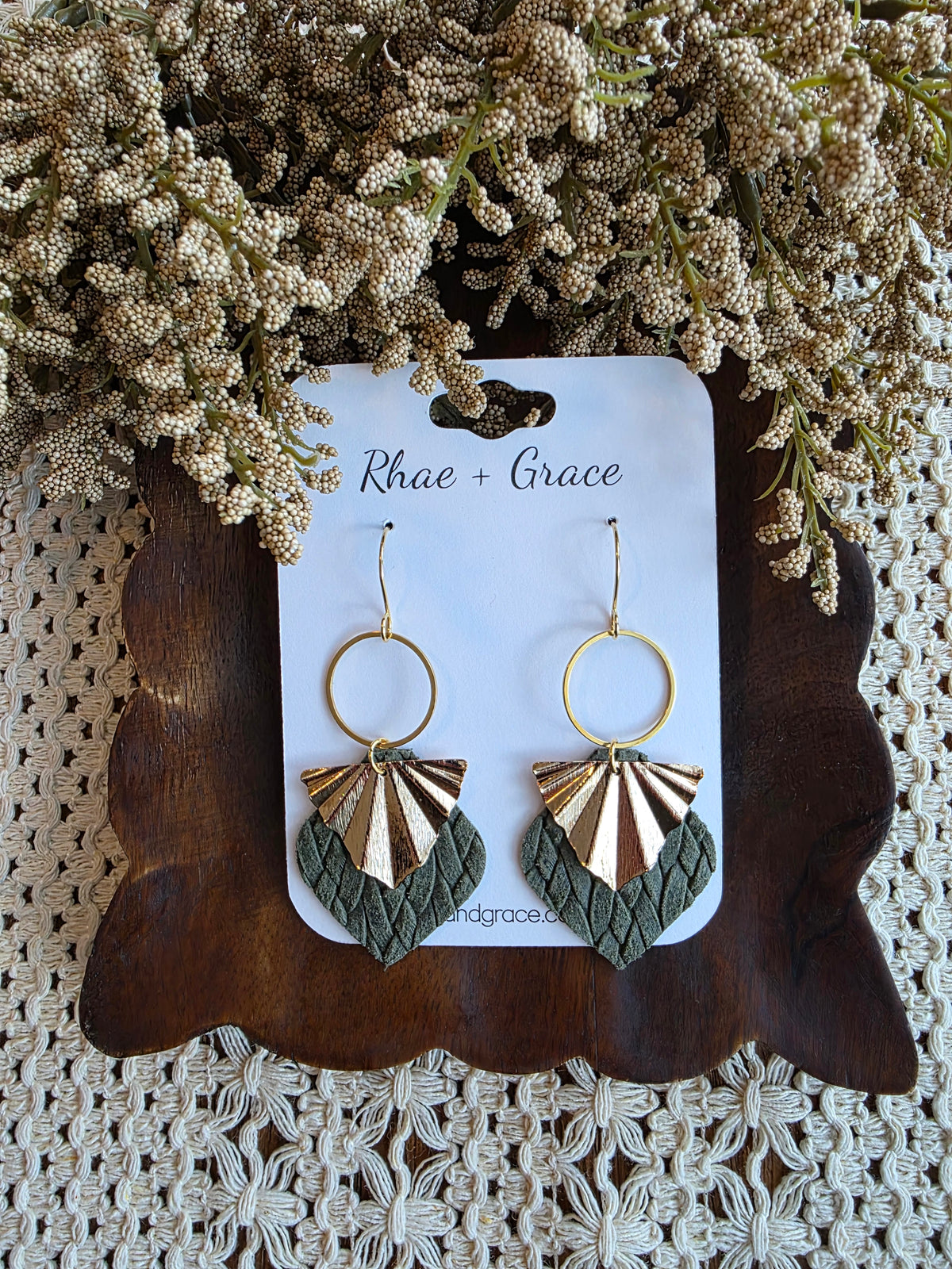Olive Green Braided Gold Fan Earrings
