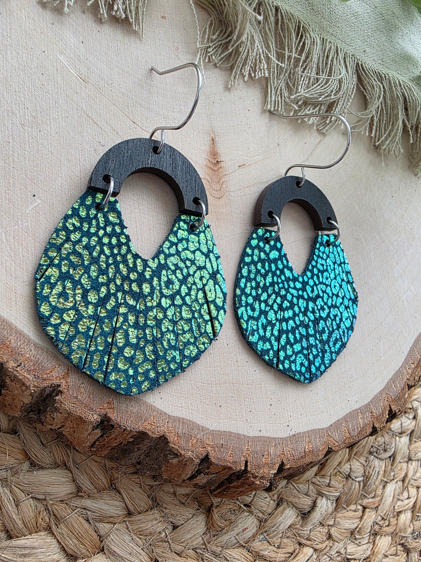 Metallic Teal Micro-Leopard Print Fringe Swoop Earrings