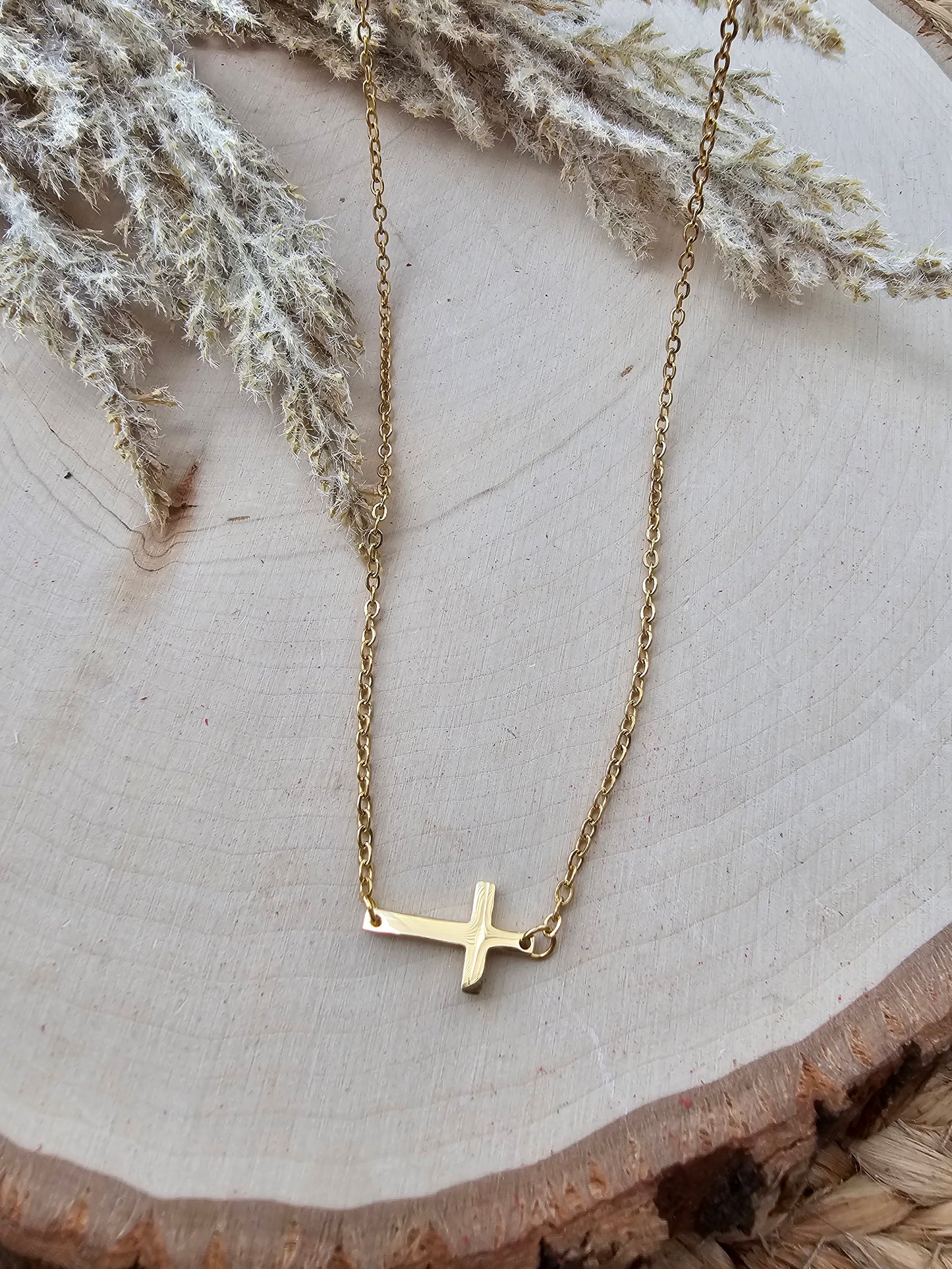 Dainty Sideways Cross Necklace - Gold Plated Stainless Steel