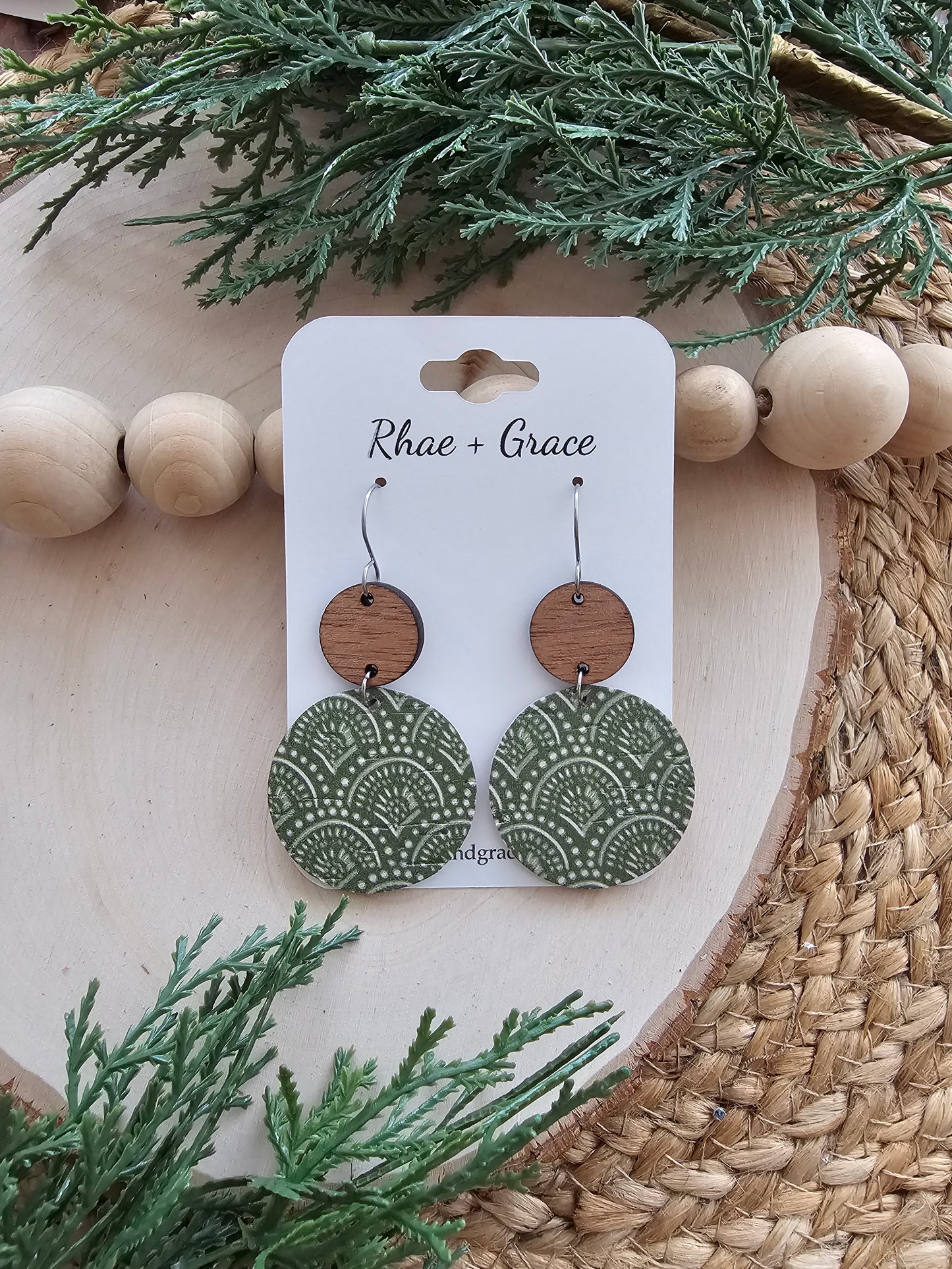 Kale Green Boho Arches Large Circle Drop Earrings