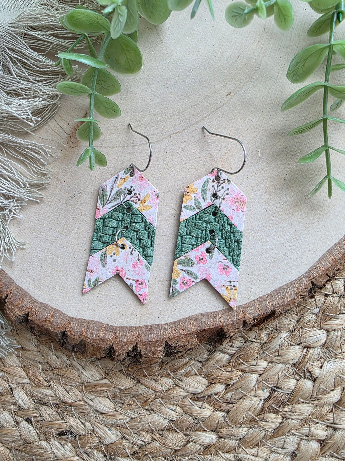 Pink & Green Floral Triple Chevron Arrow Earrings