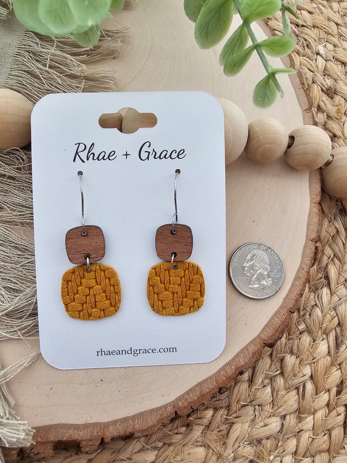 Mustard Knit Embossed Braid Rounded Square Earrings