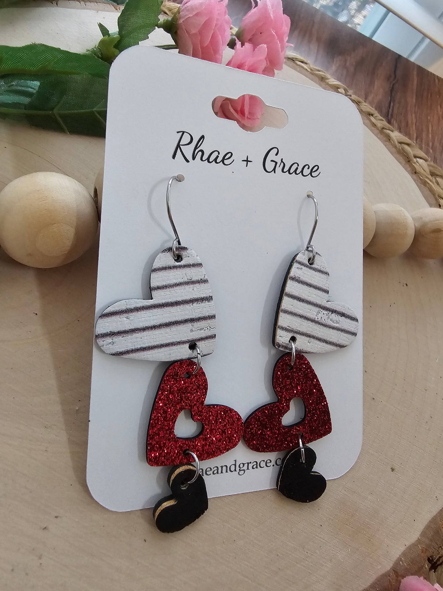 Red Glitter & Striped Cascading Heart Earrings