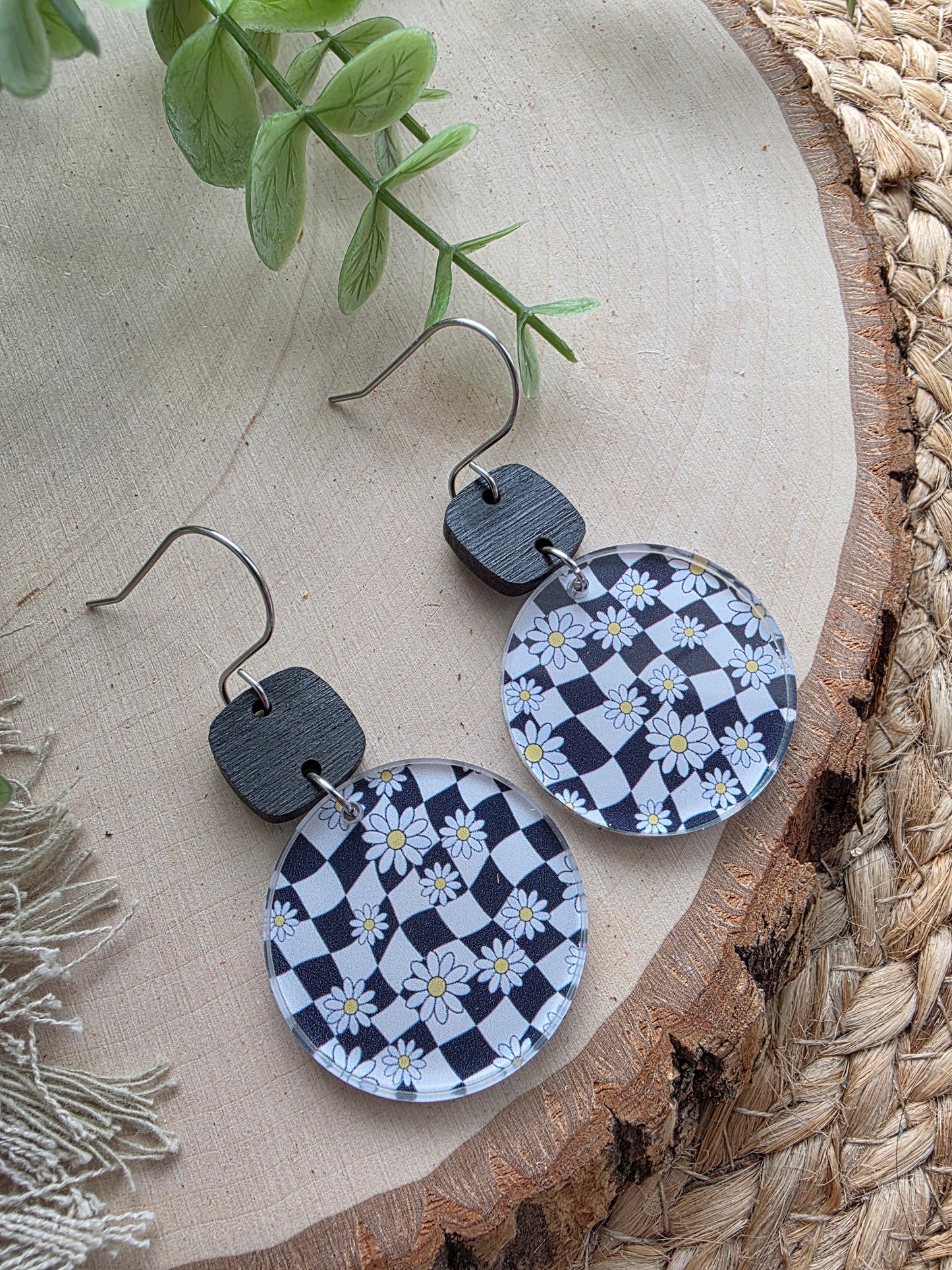Acrylic Black & White Checkered Daisy CircleEarrings