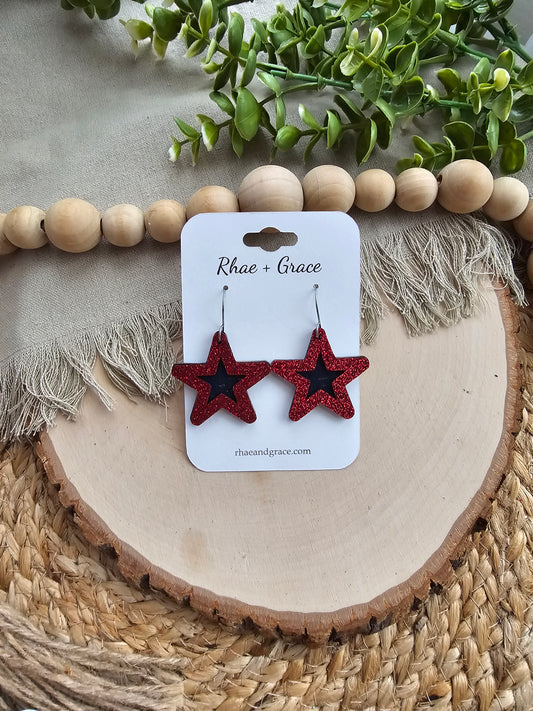 Red Glitter & Blue Layered Star Earrings