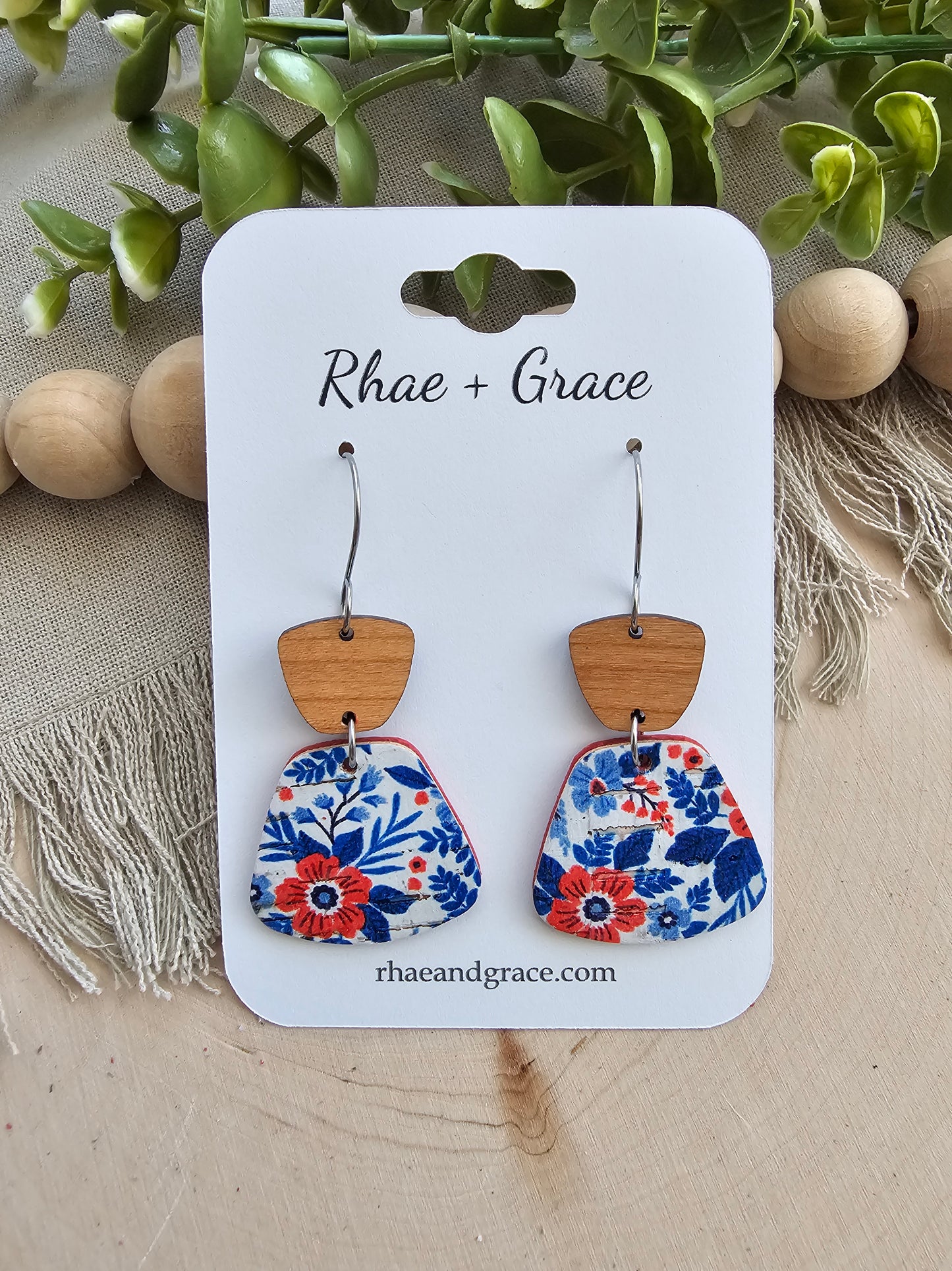 Red, White & Blue Floral Rounded Trapezoid Earrings