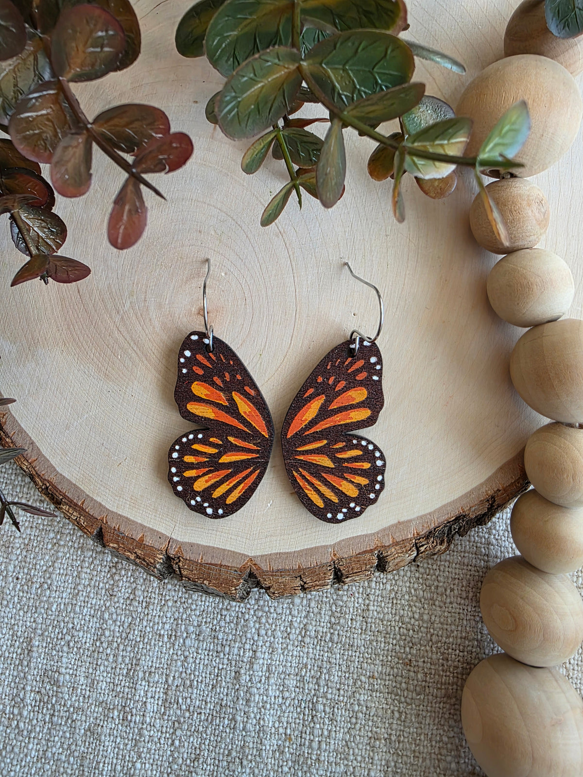 Monarch Butterfly Wing Wood Earrings