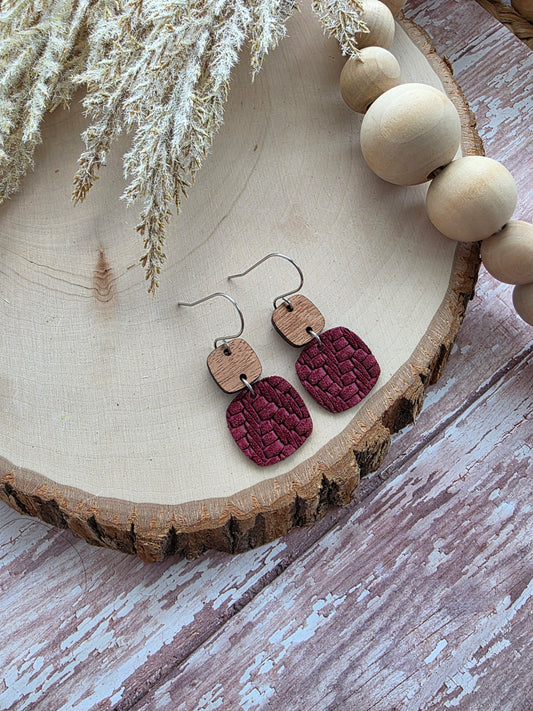 Red Wine Knit Embossed Braid Rounded Square Earrings