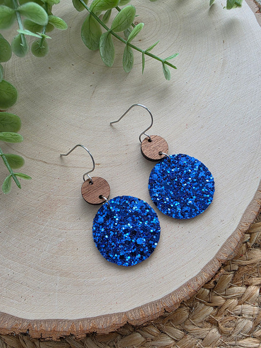 Royal Blue Glitter Circle Drop Earrings
