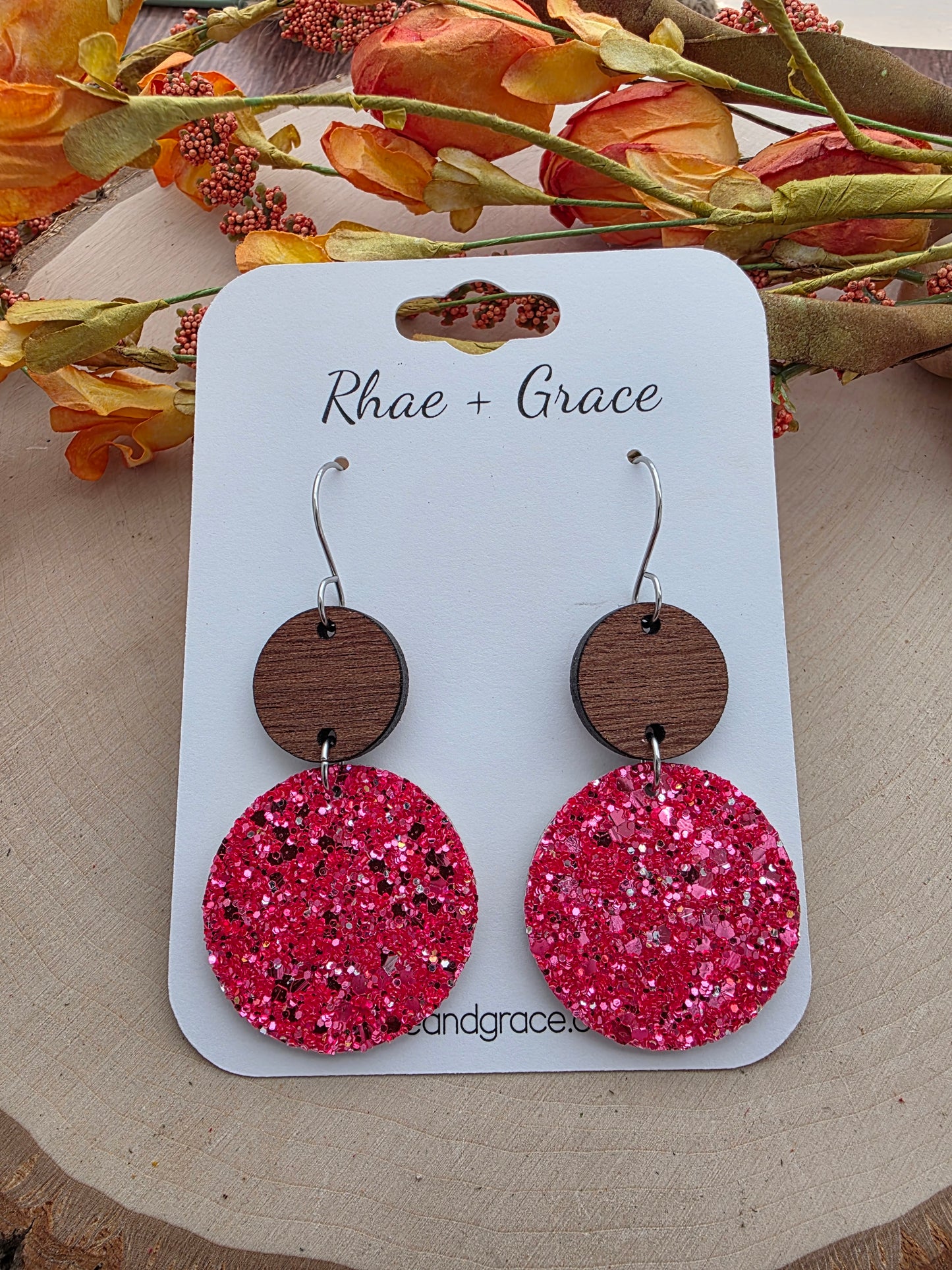 Coral Glitter Circle Drop Earrings